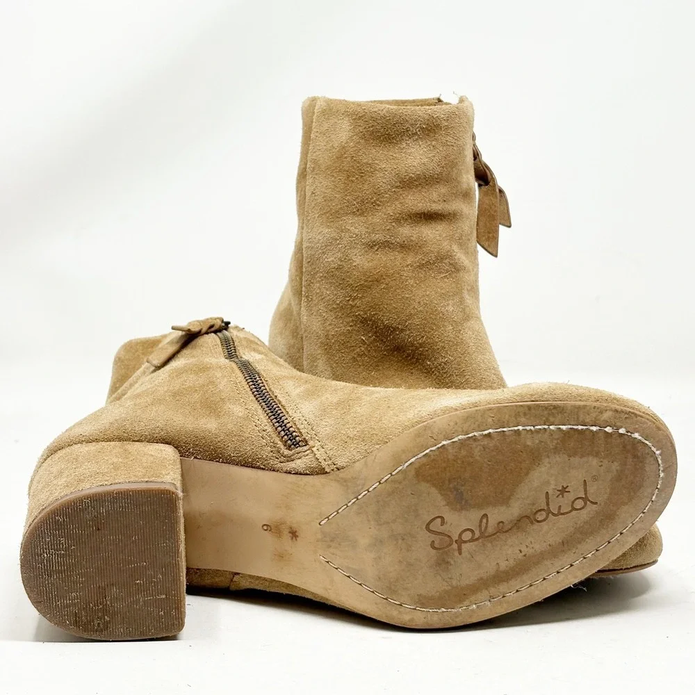 Splendid Tan Suede Ankle Boots Block Heel Round Toe Side Zip Size 6
